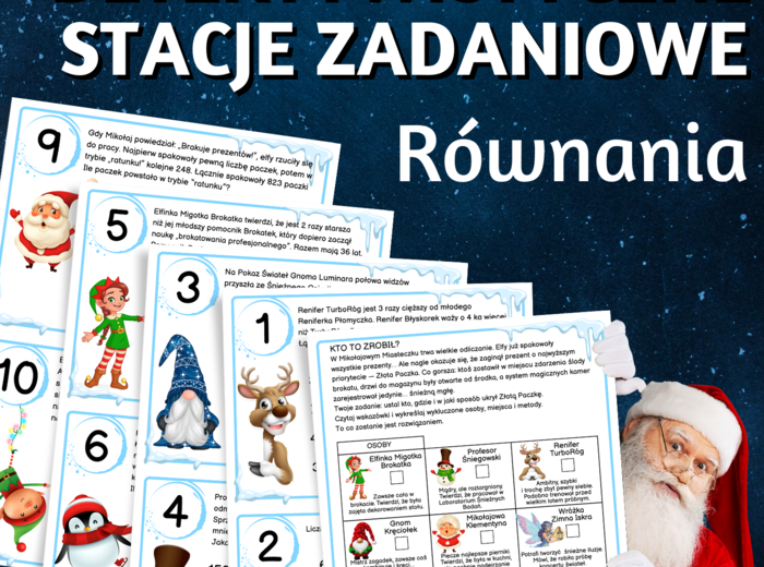 DETEKTYWISTYCZNE STACJE ZADANIOWE – równania, zadanie tekstowe, z treścią, egzamin ósmoklasisty, klasa 8, Boże Narodzenie, Święta, Mikołajki, Adwent, ferie, zima, powrót do szkoły, zagadki, łamigłówki, powtórzenie
