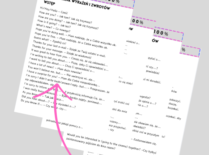 E8: E-mail na 100% - bank zwrotów i wyrażeń do pisania e-maila - zestaw - wklejka - egzamin ósmoklasisty - writing - praca pisemna - 4 strony
