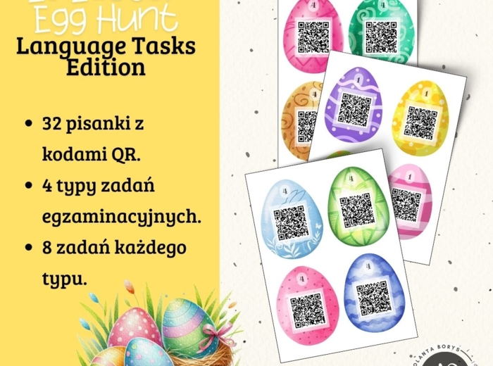 Zestaw "E8 Easter Egg Hunt: Language Tasks Edition" - kody QR, zadania egzaminacyjne, ćwiczenia językowe, angielski 5-8, wielkanoc