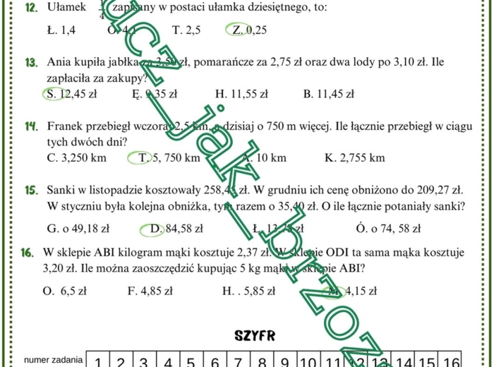 Ułamki dziesiętne, klasa 4, powtórzenie wiadomości, karta pracy z hasłem, rewalidacja, dzień tolerancji