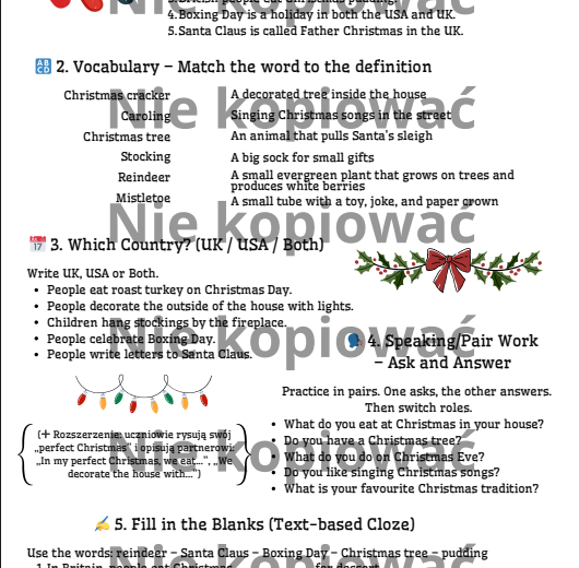 Christmas Traditions in Great Britain and the USA – karta pracy z czytanką A2
