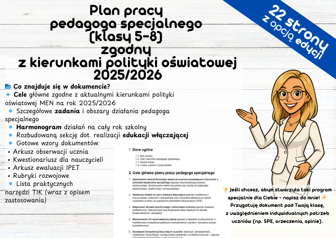 Plan pracy pedagoga specjalnego (klasy 5–8) zgodny z kierunkami polityki oświatowej 2025/2026