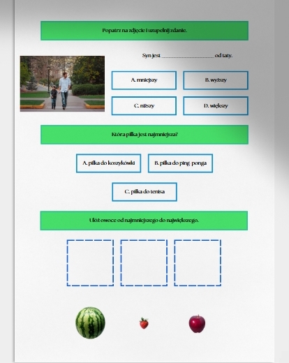 Duży czy mały? Szeroki czy wąski? Sprawdzian. Karta pracy