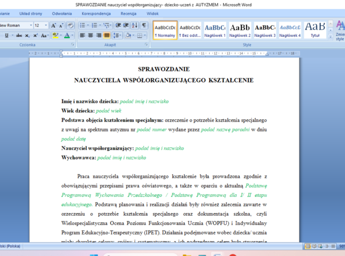 Sprawozdanie nauczyciela WSPÓŁORGANIZUJĄCEGO- dziecko z AUTYZMEM