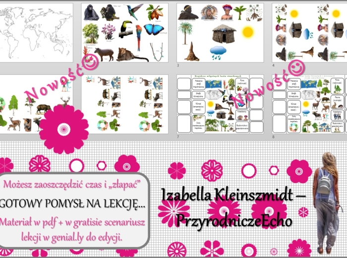 Pomysł na lekcję/karta pracy/stacje zadaniowe/notatki/ materiał do lekcji do tematu „W wilgotnym lesie równikowym i w lesie strefy umiarkowanej.” w pdf. W gratisie niekomercyjny scenariusz lekcji/pomysł na lekcję w programie genial.ly do edycji. Geografi