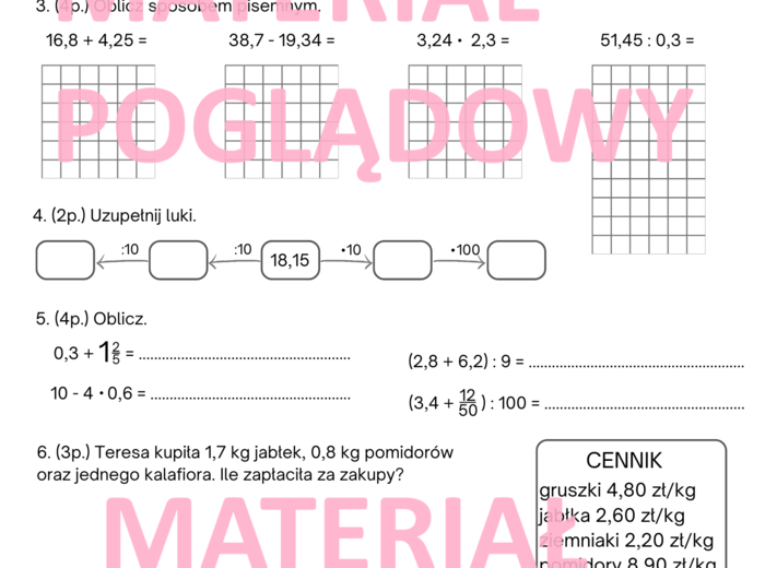 Sprawdzian. Karta pracy. Ułamki dziesiętne. Klasa 4. Klasa 5. Klasa 6.