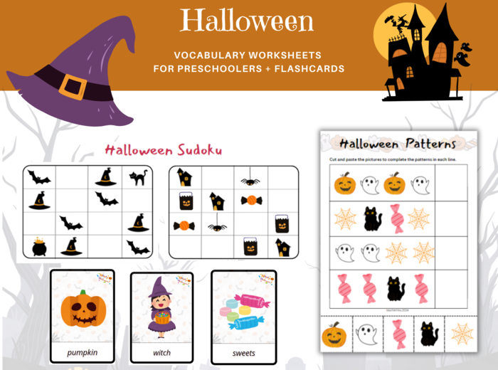Halloween for Preschoolers Worksheets + Flashcards - Halloween dla przedszkolaka, język angielski, karty pracy, karty obrazkowe