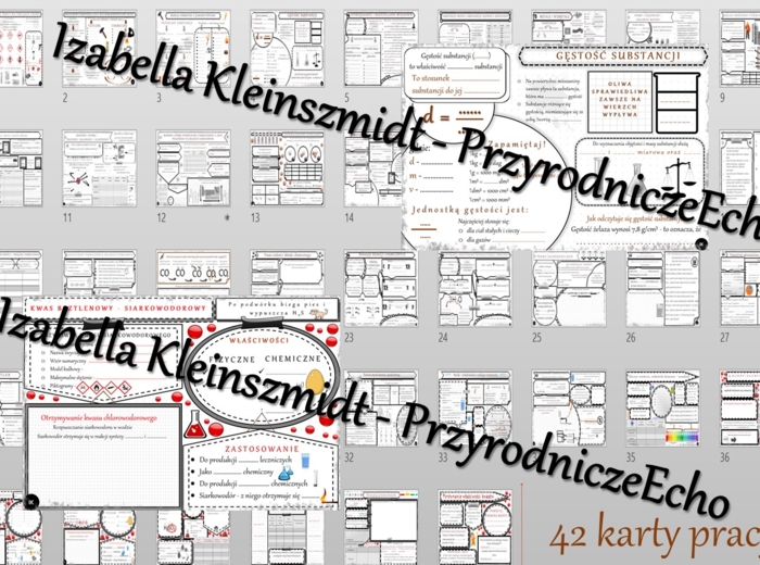 Chemiczne karty pracy dla klasy 7 w formacie pptx. Materiał zawiera 42 karty pracy do samodzielnego uzupełniania