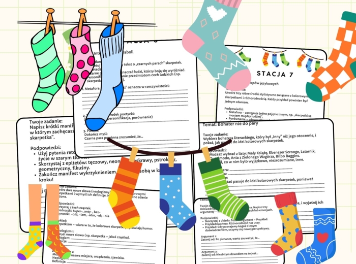 Dzień Kolorowych Skarpetek- stacje zadaniowe na lekcję języka  polskiego