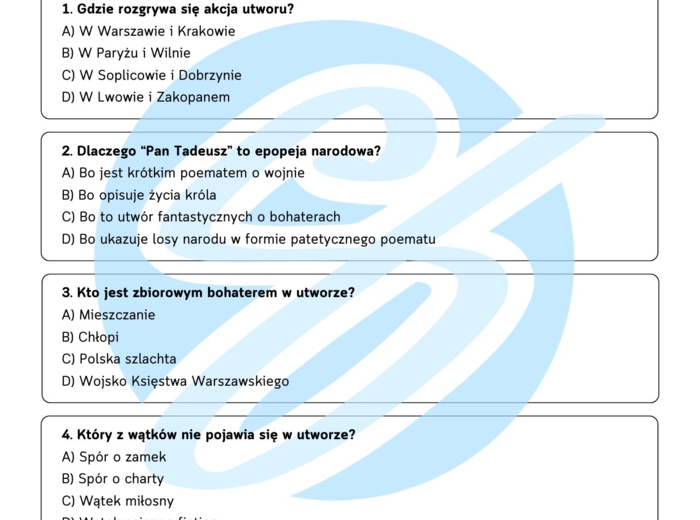 Test z lektury „Pan Tadeusz” | Adam Mickiewicz| Szkoła podstawowa | 15 pytań ABCD + Klucz + Skala ocen