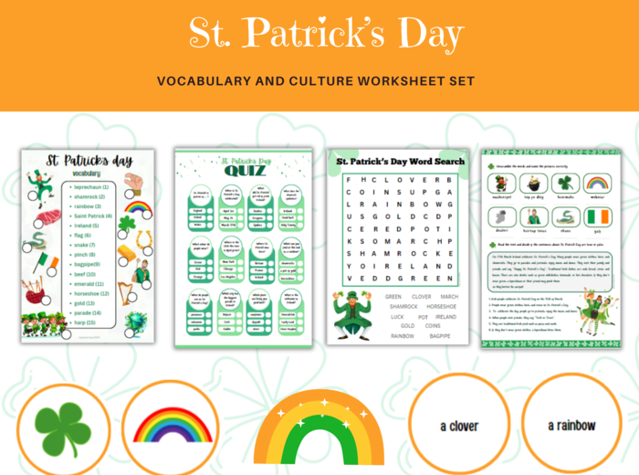 Saint Patrick Vocabulary Worksheet Set - Dzień Świętego Patryka - zestaw kart pracy ze słownictwem i tradycjami, dopasowanie, quiz, wykreślanka, czytanie ze zrozumieniem, dodatkowo karty do gry w memory
