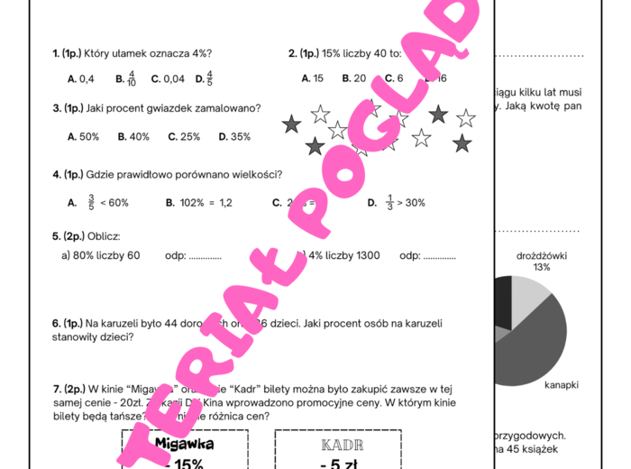 Sprawdzian/karta pracy - procenty. Klasa 6.