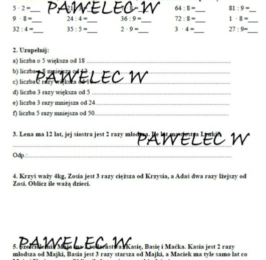 DZIELENIE i MNOŻENIE - karta pracy, kl. 3 (ile razy więcej/mniej)