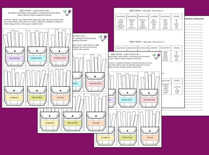 CZĘŚCI MOWY - czasownik - rzeczownik - przymiotnik - przysłówek - liczebnik - spójnik – wklejka – karta pracy – opowiadanie - 3 wersje + odpowiedzi