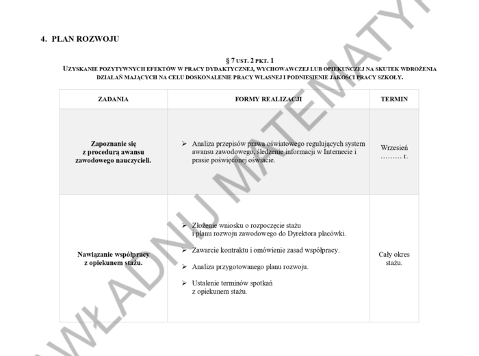 PLAN ROZWOJU NA STOPIEŃ NAUCZYCIELA MIANOWANEGO - STARE ZASADY