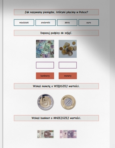 Banknoty i monety. Jaka to kwota? Karta pracy. Sprawdzian