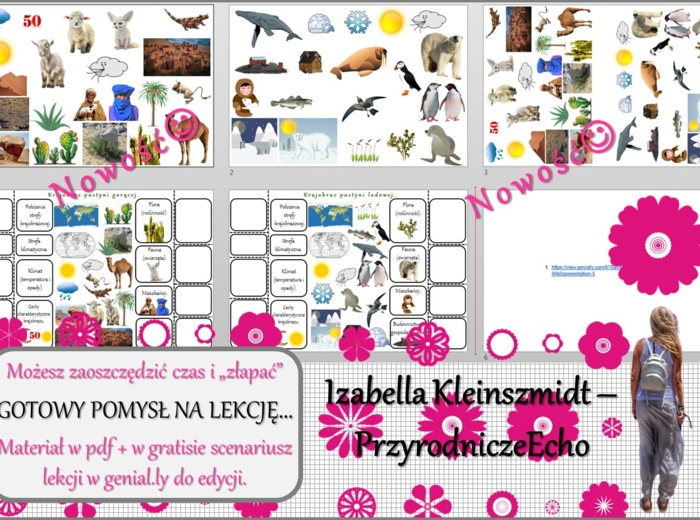 Pomysł na lekcję/karta pracy/stacje zadaniowe/notatki/ materiał do lekcji do tematu „Krajobrazy pustyń gorących i lodowych” w pdf. W gratisie niekomercyjny scenariusz lekcji/pomysł na lekcję w programie genial.ly do edycji. Geografia 5. Dział „Krajobrazy