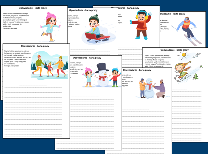 ZIMOWE OPOWIADANIE – 8 kart pracy – kl. 4-6 – ćwiczenia redakcyjne – postacie - zima