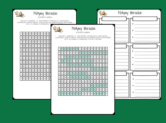 MOTYWY LITERACKIE - wykreślanka - karta pracy - powtórka - egzamin - lektury z kl.7-8 + odpowiedzi
