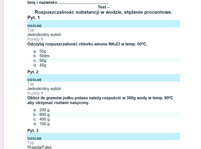 Test - rozpuszczalność substancji stężenia procentowe