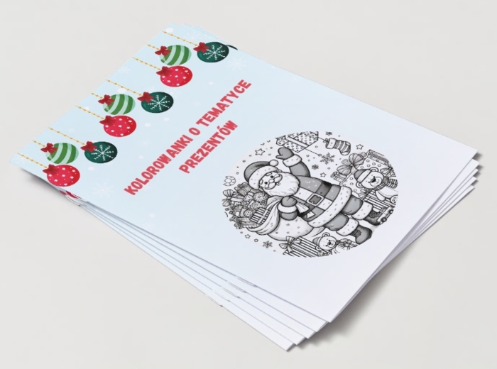 Kolorowanki świąteczne. Pudełka na prezenty. Bałwanek z prezentami. Mikołaj. Choinka. Świąteczny wzór.