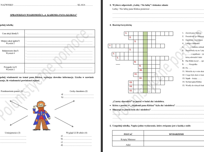 Sprawdzian po omówieniu lektury "Akademia pana Kleksa"