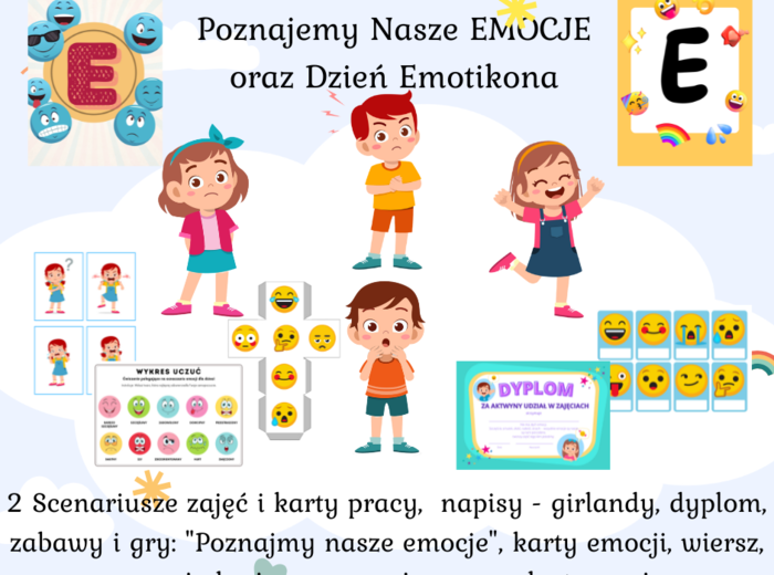 EMOCJE: Dzień Emotikona + Poznajemy nasze emocje scenariusze zajęć, karty Pracy