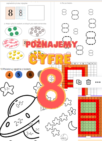 Cyfra 8 - zadania utrwalające cyfrę, dodawanie odejmowanie w zakresie 8