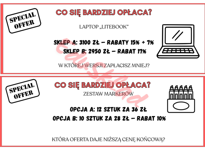 ⭐ „CO SIĘ BARDZIEJ OPŁACA?” – Zestaw kart do porównywania ofert i liczenia procentów!