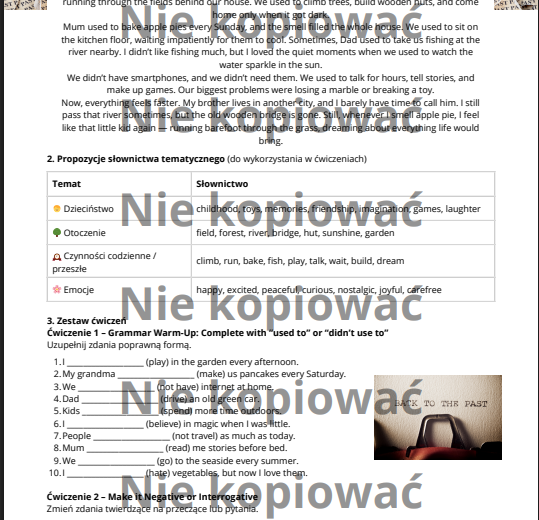 Karta pracy + czytanka "Used to - Nostalgic Past" B1