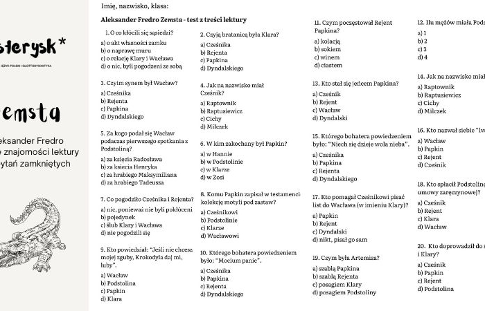 Aleksander Fredro "Zemsta" - test z treści lektury