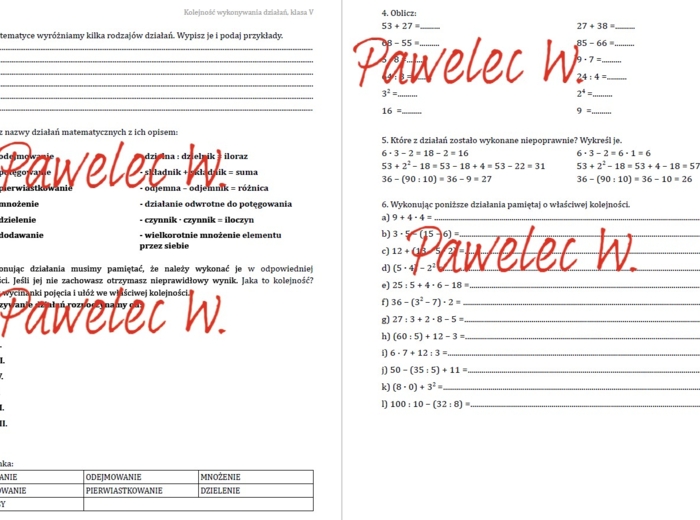Kolejność wykonywania działań, iloraz, iloczyn, suma, różnica - karty pracy, sprawdzian, kl. 5