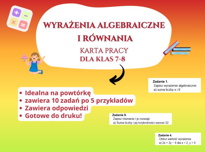 Wyrażenia algebraiczne i równania – duża karta pracy z odpowiedziami (klasy 7–8) 🧮✏️