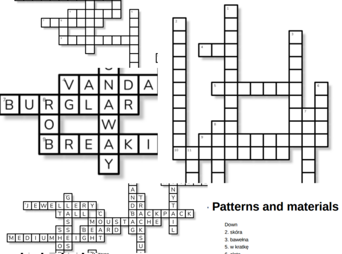 Brainy 7 – Unit 2 – krzyżówki – Crime/Patterns and materials/Personal description/Other