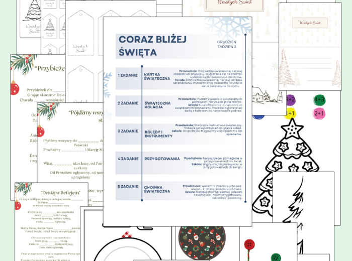 "Coraz bliżej Święta" - kartka świąteczna, potrawy, kolędy, instrument świąteczny i inne - zadania na 5 dni!