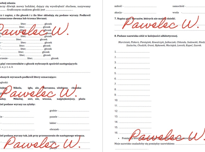 Głoska, litera, alfabet, sprawdzian, karta pracy, kl. 3 i 4