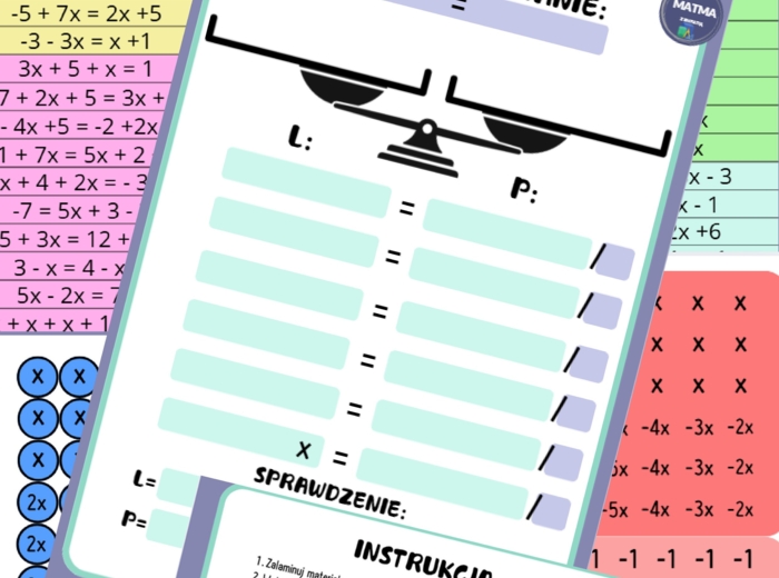 Równania - materiał wprowadzający/Montessori/praca indywidualna/praca grupowa - 84 równania