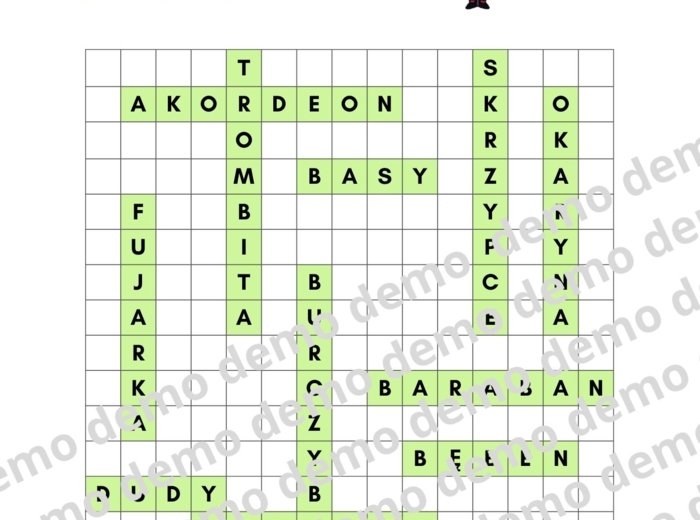 Muzyka, klasa 4-5. Polskie instrumenty ludowe. Karta pracy: wykreślanka.