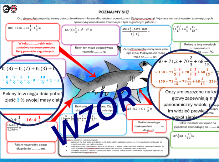 (klasa 7 klasa 8) Wyrażenia arytmetyczne z ułamkami, również z ułamkami okresowymi (z rekinem młotem).