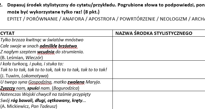 Rodzaje i gatunki literackie, środki stylistyczne - kartkówka