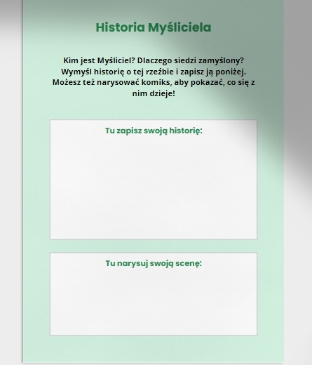 Karty z zadaniami kreatywnymi. Myśliciel (Dokończ rysunek, emocje, historia Myśliciela)