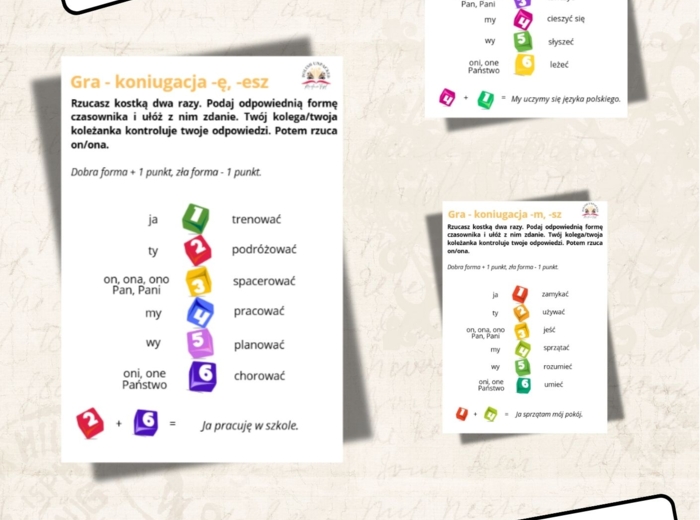 Zestaw gier wszystkie koniugacje czasownika poziom A1, język polski dla obcokrajowców