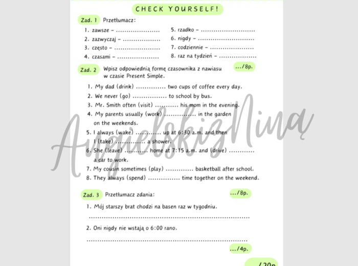 Present Simple - Check yourself! - kartkówka - test - karta pracy - ćwiczenia - powtórzenie - kl. 4, 5 - A2