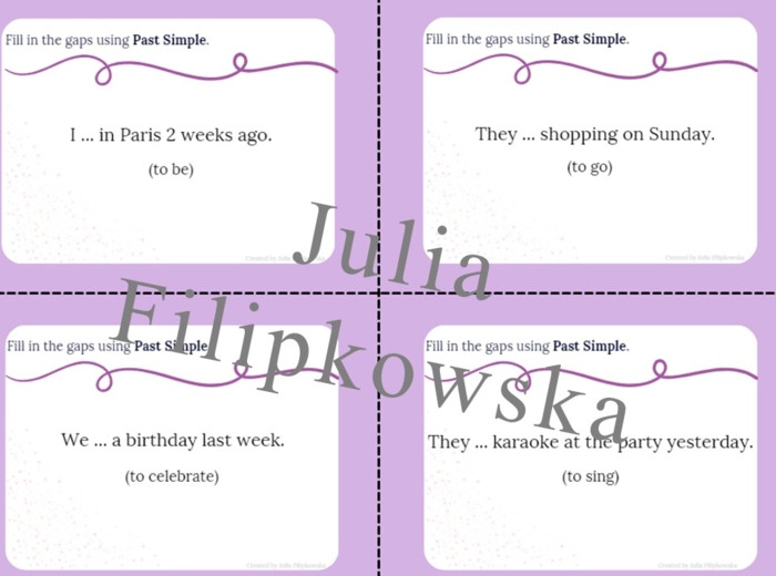 Past Simple/ Karty do mówienia/ Mówienie/ Speaking/ Konwersacje/ Klasy 4-8/ Klasy 4-6/ Klasy 6-8/ SP/ Warm-up/ Rozgrzewka/ Speaking cards/ Gramatyka/ Grammar/ Speaking cards grammar/ Grammar cards/ E8