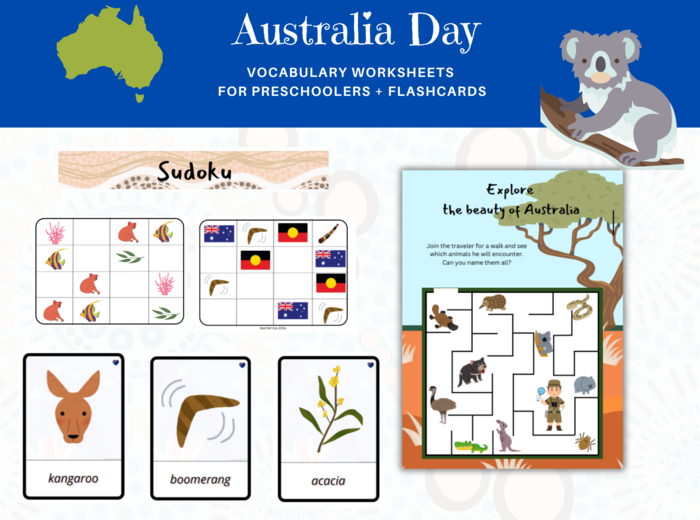 Australia Day Dzień Australii Vocabulary Worksheets Karty Pracy Język angielski Flashcards Karty Obrazkowe Zwierzęta Zerówka Przedszkolna Przedszkole Labirynt Sudoku