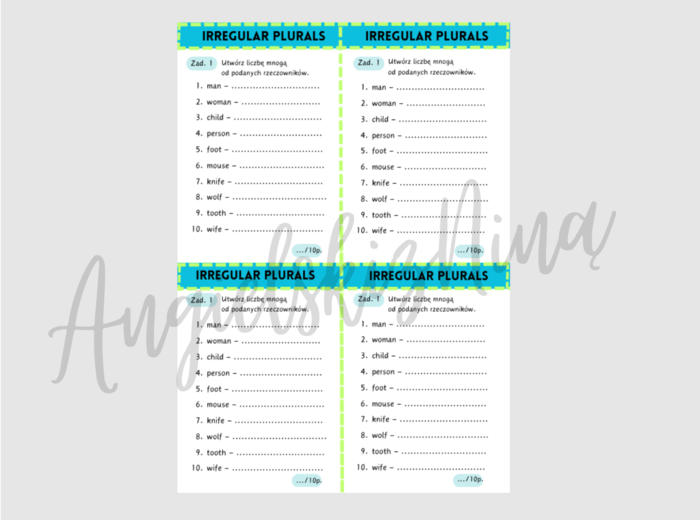 Irregular Plurals - mini karta pracy -  liczba mnoga - nieregularne - wyjątki - wklejka - kartkówka - powtórka - egzamin ósmoklasisty - matura