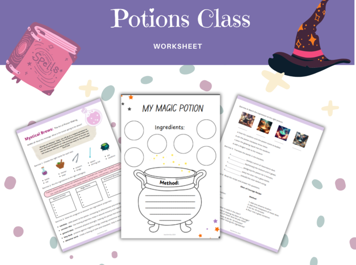 Potions Class ESL worksheet - lekcja eliksirów, magigncze składniki, narzędzia, przepis, karta pracy, ćwiczenia, język angielski