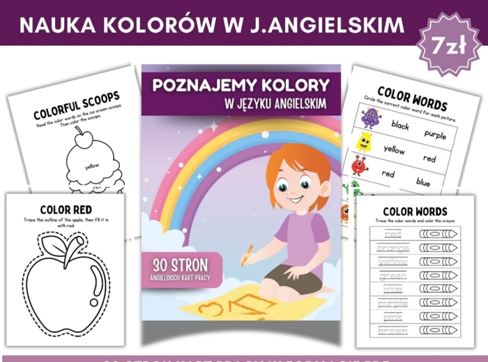 Karty pracy do nauki kolorów w języku angielskim dla dzieci! 30 stron PDF