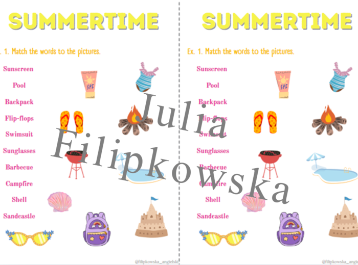 Wakacyjny zestaw zadań/ Summer holidays / karta pracy/ zadania/ słownictwo/ Klasy 1-3/ SP 1-3/ Lato / Wakacje / Dzieci/ Gotowa lekcja