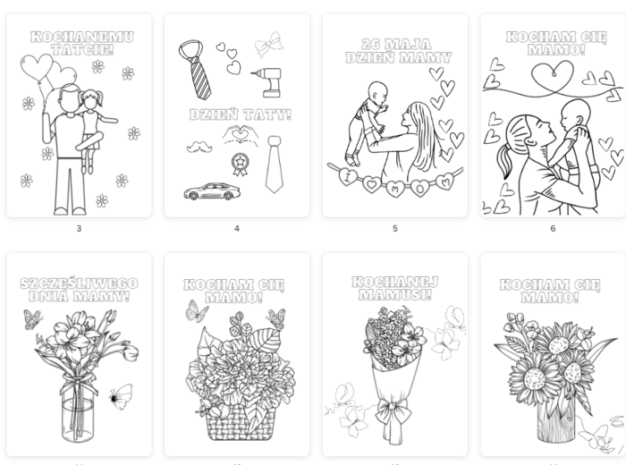 DZIEŃ MAMY I TATY, DZIEŃ RODZINY 16 KOLOROWANEK WIDOCZNYCH NA ZDJĘCIU